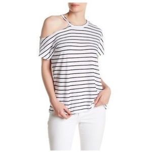 Stateside Cut Out Shoulder Black White Striped Slub Tee Womens Small NEW